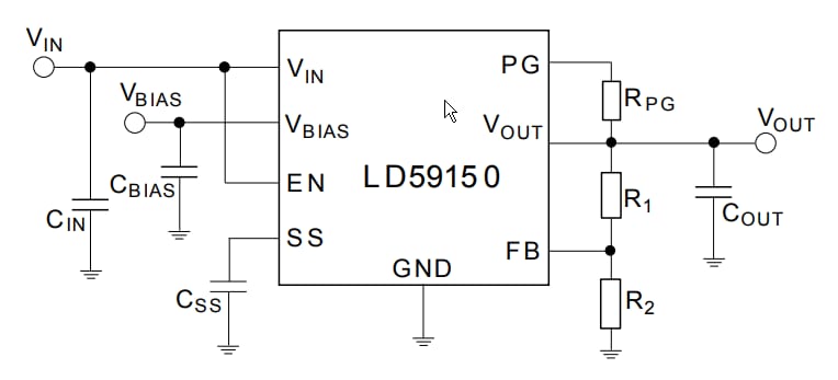 アプリケーション回路図 - STMicroelectronics LD59150 LDO電圧レギュレータ